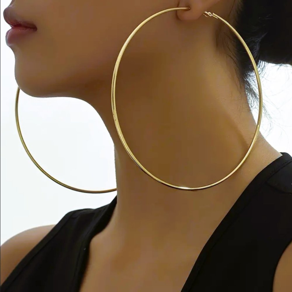 18K Gold Large Wire Hoop Womens Earrings Big Hoops Ladies Statement Jewelry 18 K - Picture 3 of 5